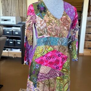Soul Flower Multi-Color Boho Patchwork Long Sleeve Dress